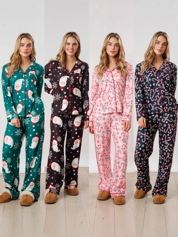 Completo Pigiama Natalizio da Donna Top Camicia a Maniche Lunghe Con Bottoni E Pantaloni Lunghi Lounge Wear Poliestere Babbo Natale Fiocco di Neve Stampa Notte