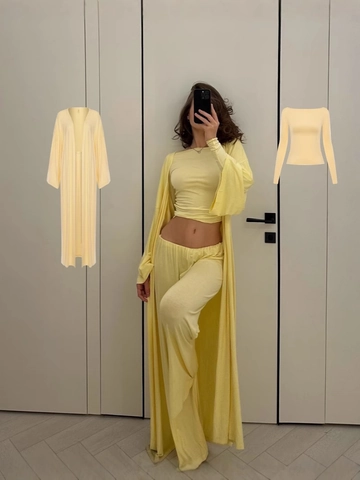 Completo Donna Casual in Poliestere Cardigan Lungo Top Corto Girocollo Pantaloni a Gamba Larga a Vita Alta per Casa