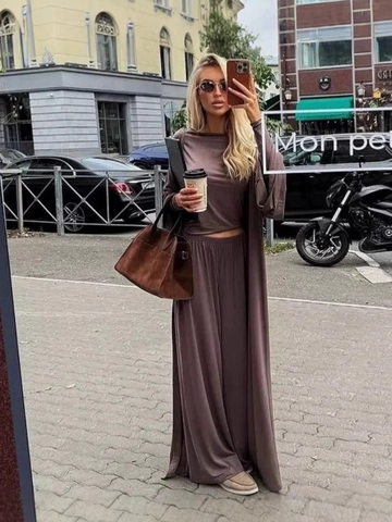 Completo Donna Casual in Poliestere Cardigan Lungo Top Corto Girocollo Pantaloni a Gamba Larga a Vita Alta per Casa