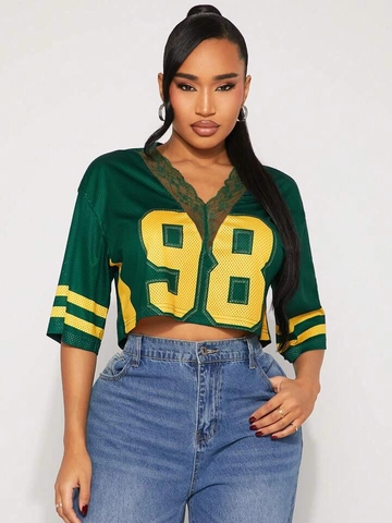 Damen Spitze V-Ausschnitt Mesh 98 Nummer Druck Trikot Stil Kurz Top Kurzarm Polyester T-Shirt Sportlich Streetwear Sommer Top