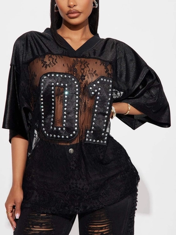 Dames Oversized T-Shirt Met Kanten Patchwork En Strass Nummer 01 Sexy V-Hals Transparant Mesh Satijn Look Sportieve Jersey Stijl