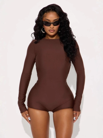 Women's High Elastic Long Sleeve Round Neck Tight Basic Casual Sports Romper Short Jumpsuit Bodysuit Streetwear