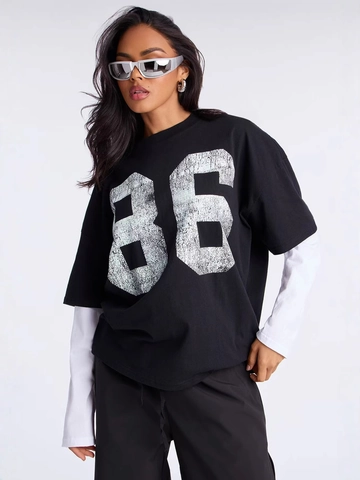 Γυναικείο Streetwear Χαλαρό T-Shirt με Διπλό Μανίκι Τύπωμα Αριθμός 86 Patchwork Casual Στρογγυλή Λαιμόκοψη Πολυεστέρας