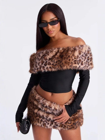 Damen Sexy Leopard Kunstpelz Off-Shoulder Langarm Top Und Bodycon Minirock Zwei Teile Set Für Party Club Outfits