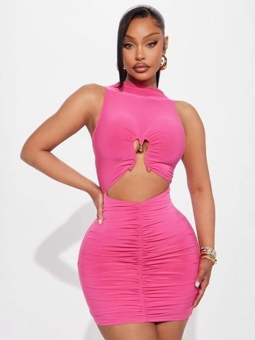 Damen Sexy Halfter Mock Neck Ausschnitt Körperbetont Mini Kleid Metall Herz Dekor Gerafft Ärmellos Club Party Outfit