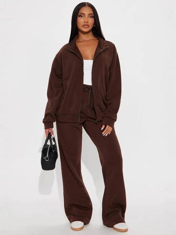 Women Casual Two Piece Tracksuit Set Zipper Stand Collar Jacket And High Waist Wide Leg Long Pants Solid Color Fall Winter Lounge Wear