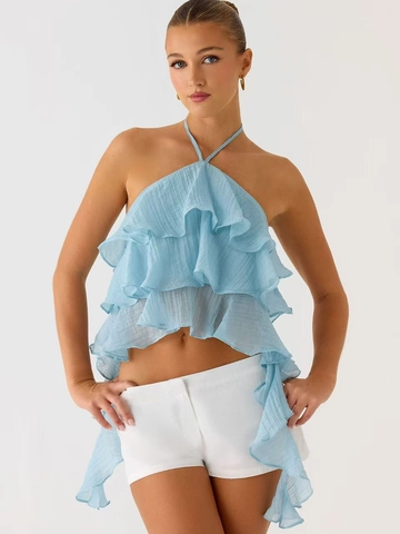 Dames Zomer Hemelsblauw Halternek Gelaagde Ruffle Top Open Rug Mouwloos Polyester Chiffon Stijl Cami Blouse Voor Vakantie