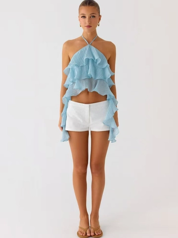 Dames Zomer Hemelsblauw Halternek Gelaagde Ruffle Top Open Rug Mouwloos Polyester Chiffon Stijl Cami Blouse Voor Vakantie