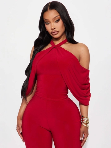 Women Elegant Halter Neck Cold Shoulder Jumpsuit Sexy Solid Color Draped Sleeve Slim Romper Party Clubwear