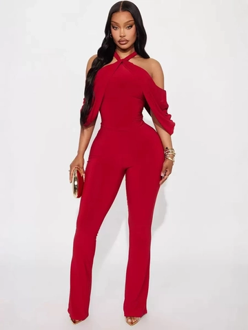 Women Elegant Halter Neck Cold Shoulder Jumpsuit Sexy Solid Color Draped Sleeve Slim Romper Party Clubwear