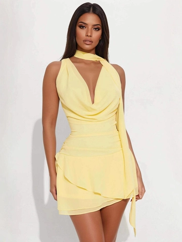 Women Sexy Halter V Neck Layered Ruffle Mini Dress Backless Sleeveless Solid Color Party Cocktail Evening Dress