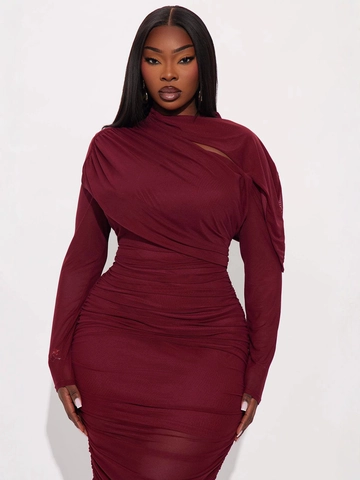 Damen Sexy Gerafftes Maxikleid Langarm Cut Out Bodycon Slim Fit Mesh Abend Party Nachtclub Clubwear Langes Kleid
