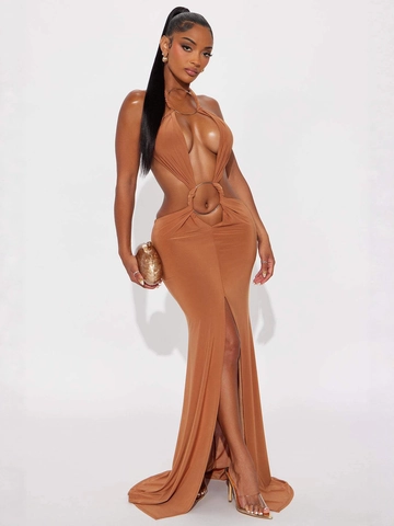 Sexy Halter Hals Hohlraum Maxikleid Für Damen Metallring Dekor Hoher Schlitz Rückenfrei Bodycon Abendparty Langes Kleid