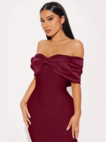 Vestito Lungo da Donna Elegante con Spalle Scoperte e Fiocco Bodycon Abito da Sera in Raso con Fiocco a Maniche Corte