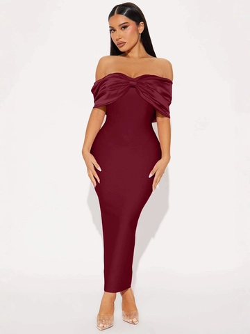 Vestito Lungo da Donna Elegante con Spalle Scoperte e Fiocco Bodycon Abito da Sera in Raso con Fiocco a Maniche Corte