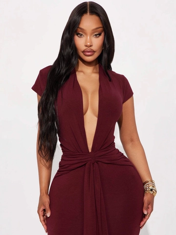 Vestito Lungo da Donna Sexy Scollo a V Profondo Manica Corta Increspato Aderente Vita Legata Bodycon Elegante Festa Sera Lunghezza Pavimento