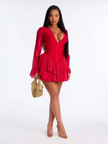 Vestido Mini Sexy para Mujer Cuello en V Profundo Manga Larga Corsé Cintura Alta Falda de Capas con Volantes Color Sólido Elegante Vestido de Fiesta