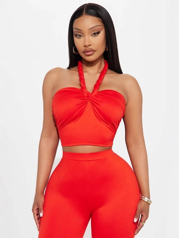 Women Sexy Halter Neck Crop Top And High Waisted Capri Pants Set Solid Color Polyester Two Piece Streetwear Outfits
