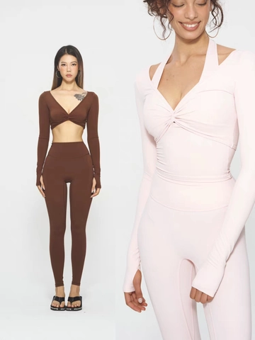 Set di Abbigliamento da Yoga da Donna Alta Elasticità Traspirante Crop Top a Maniche Lunghe e Leggings a Vita Alta Fitness