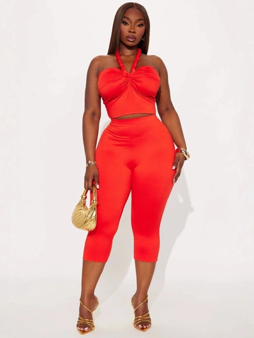 Women Sexy Halter Neck Crop Top And High Waisted Capri Pants Set Solid Color Polyester Two Piece Streetwear Outfits