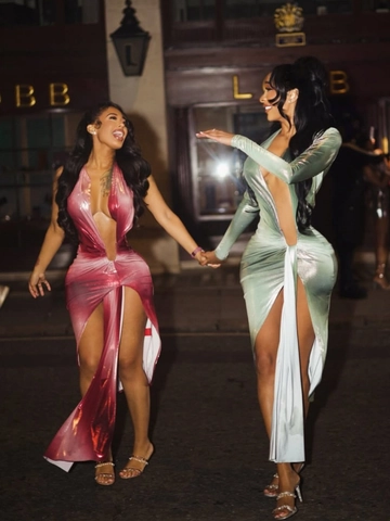 Vestido Largo Sexy de Mujer Metálico con Escote en V Profundo Sin Mangas Abertura Alta Espalda Descubierta Ajustado Fiesta Noche