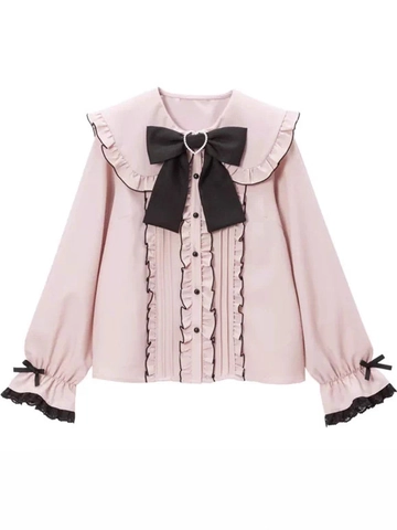 Women Sweet Lolita Blouse Large Bow Ruffle Shoulder Shirt Japanese Girly Style Long Sleeve Top Fashion Polyester Blouse