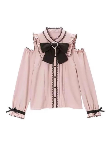 Women Sweet Lolita Blouse Large Bow Ruffle Shoulder Shirt Japanese Girly Style Long Sleeve Top Fashion Polyester Blouse