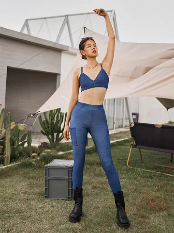 Top Sportivo Donna con Texture Finto Denim Pantaloni Yoga a Vita Alta Sollevamento Glutei Traspirante Abbigliamento Sportivo