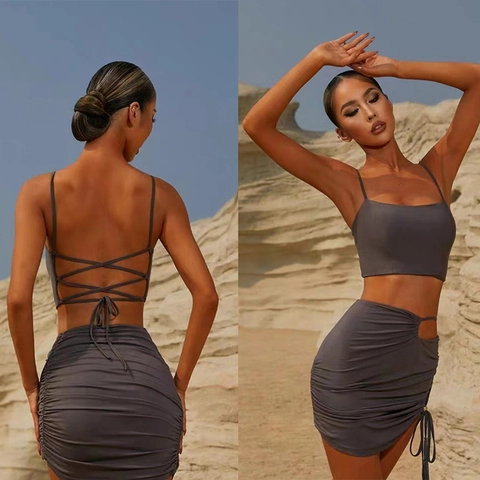 Conjunto de Yoga Sexy con Espalda Descubierta para Mujer Top Corto con Tirantes Finos Y minifalda Fruncida Conjunto Deportivo