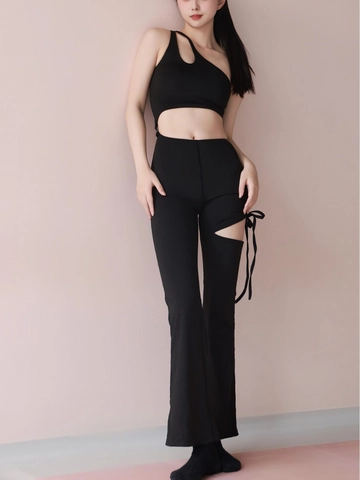Ensemble de Yoga Une Épaule Femmes Ajouré Nœud Pantalon Évasé Ventre Plat Moulant Fitness Tenue de Sport Ensemble