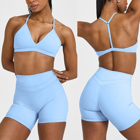Women Yoga Workout Set V Neck Adjustable Bra High Waist Booty Lifting Shorts Seamless Nylon Spandex Breathable Gym Fitness Outfit