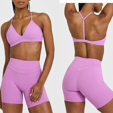 Women Yoga Workout Set V Neck Adjustable Bra High Waist Booty Lifting Shorts Seamless Nylon Spandex Breathable Gym Fitness Outfit