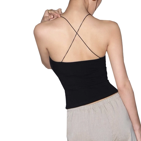 Canotta da Yoga Donna Spalline con Perline Incrocio sulla Schiena Imbottita Canotta Sportiva Alta Elasticità Corsa Top