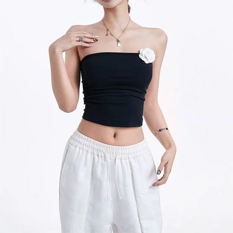 Top a Tubo da Donna Retrò Francese Con Fiore di Camelia 3D Senza Spalline Vestibilità Aderente Gilet da Yoga Lycra Crop Top Sportivo