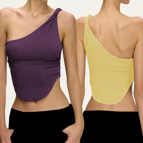Damen Casual One-Shoulder Rippshirt Ärmellos Asymmetrisch Crop Top Schnelltrocknend Slim Fit Fitness Weste Für Workout Alltag