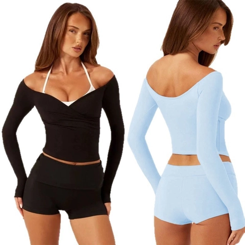 Mujer Hombros Descubiertos Top Cruzado Manga Larga Y Pantalones Cortos Cintura Alta Conjunto Yoga Fitness Deportivo Color Sólido Top Y Pantalón