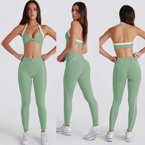 Conjunto Yoga Mujer Sujetador Deportivo Halter Leggings Cintura Alta Pantalones Cortos Ribete Contraste Chándal Entrenamiento Fitness