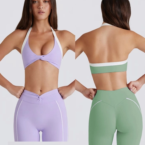 Conjunto Yoga Mujer Sujetador Deportivo Halter Leggings Cintura Alta Pantalones Cortos Ribete Contraste Chándal Entrenamiento Fitness