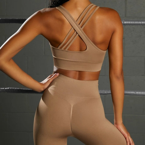 Ensemble de Yoga sans Couture Legging Nervuré Taille Haute Brassière de Sport Dos Croisé Vêtements Fitness Femme