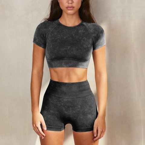 Seamless Acid Wash Yoga Outfits For Women Short Sleeve Crop Top And High Waist Gym Shorts Fitness Activewear Outfits