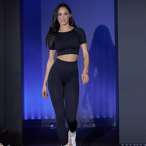 Damen Nahtlose Yoga Anzug Wellenmuster Kurzarm Crop Top Und Hohe Taille Bauchkontrolle Leggings Workout Outfit