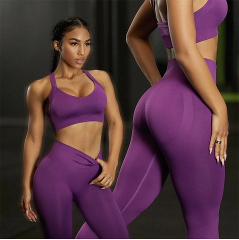 Nahtloses Yoga Set Damen Hohe Taille Leggings Und Racerback Sport BH Workout Gym Fitness Kleidung Bekleidung