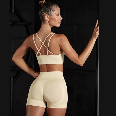 Conjunto de Yoga Sin Costuras para Mujer Leggings de Cintura Alta con Fruncido Sujetador Deportivo Halter Ropa Deportiva