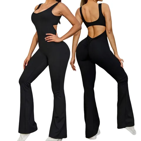 Women Sexy Backless Flared Leg Yoga Jumpsuit Sleeveless Slim Fit Athletic Bodysuit With Removable Pads Solid Color Jumpsuit