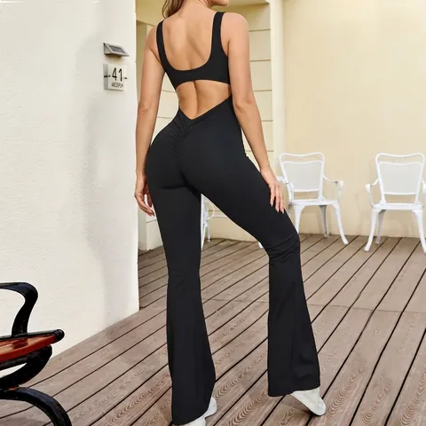 Women Sexy Backless Flared Leg Yoga Jumpsuit Sleeveless Slim Fit Athletic Bodysuit With Removable Pads Solid Color Jumpsuit