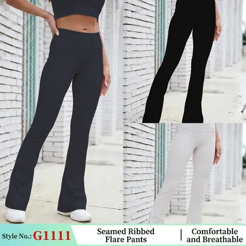 Pantalones de Yoga de Campana de Canalé de Cintura Alta para Mujer Ajustados Levantamiento de Glúteos Color Sólido Elásticos para Fitness Deporte