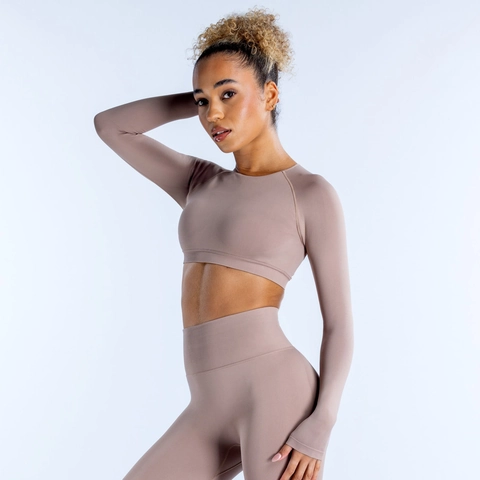 Nahtloses Yoga-Set Damen Rückenfrei Langarm Crop Top Hohe Taille Leggings Gym Activewear Outfits Workout Sportanzüge