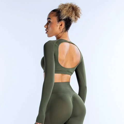 Nahtloses Yoga-Set Damen Rückenfrei Langarm Crop Top Hohe Taille Leggings Gym Activewear Outfits Workout Sportanzüge