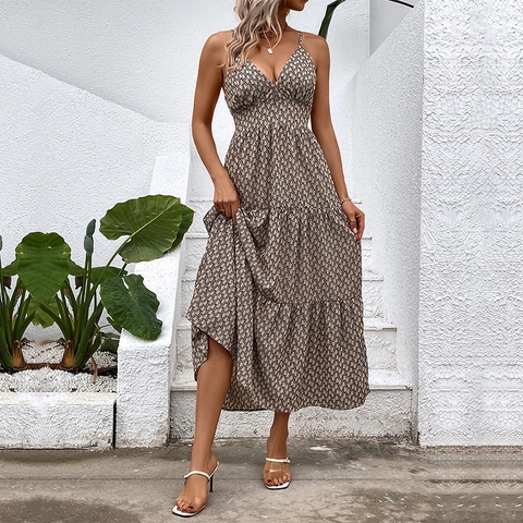 Damen Bohemian Geometrischer Druck Sling Maxikleid V-Ausschnitt Gestuftes Design Sommerurlaub Rückenloses Kleid
