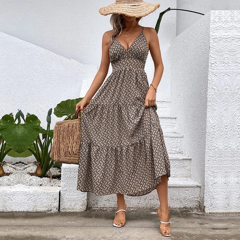 Damen Bohemian Geometrischer Druck Sling Maxikleid V-Ausschnitt Gestuftes Design Sommerurlaub Rückenloses Kleid